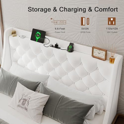 Einhomn Queen Bed Frame with 4 Storage Drawers, Upholstered Bed Frame with Large Wingback Headboard, Charging Station, No Box Spring Needed, White - color: White, size: Queen