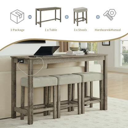 59" Industrial 4 Piece Bar Table Set with Built-in Power Outlet, Behind Couch Sofa Table with 3 Linen Upholstered Stools, Bar Table and Chairs Set for Living Room, Dining Room, Lounge, Brown - color: R2-brown