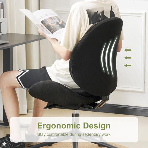 Armless Office Chair with Wheels, Luxury Chenille Swivel Desk Chair with Ergonomic Curved Teardrop Back, Double-Layer Seat, Adjustable Modern Vanity Chair for Makeup, Home Office, Black - color: Black, size: Teardrop Back