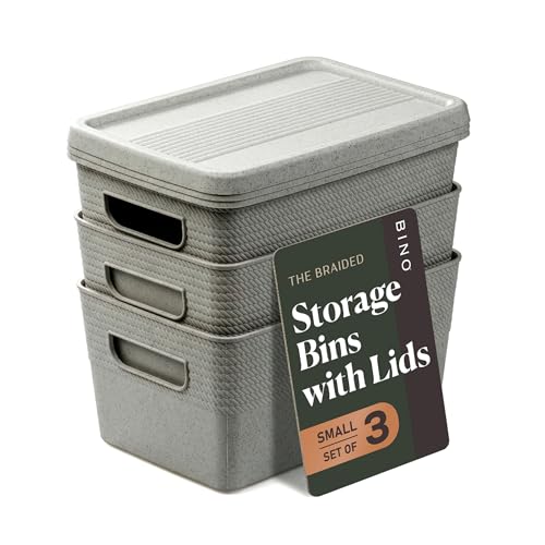 BINO | Plastic Storage Bins with Lids, 5 Liter - 3 Pack, Natural Grey | THE BRAIDED COLLECTION | Plastic Bins for Organization Woven Storage Baskets for Organizing Pantry Shelf Organizer Basket Bin - color: Natural Grey, size: 5L | 3-Pack