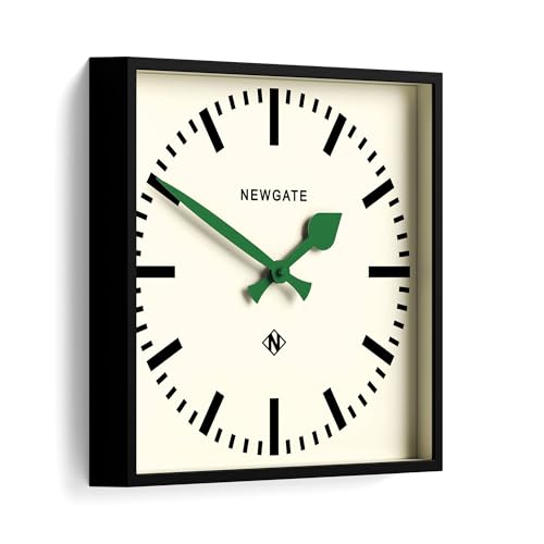 NEWGATE® Number Five wall Clock | Square Retro Inspired Modern Station Clock | 16" | Black with Green Hands | Mid-Century Style for Kitchen, Living Room or Office - color: Green