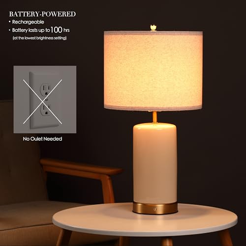 O’Bright Dune - Battery Powered Table Lamp, Rechargeable Cordless Ceramic Lamp, Full-Size 24 Inch Height, 4-Level Dimming, Smart Safety Protection, Type-C Fast Charging, LED Bulb Included, Cream White - color: Cream White, size: 24-inch