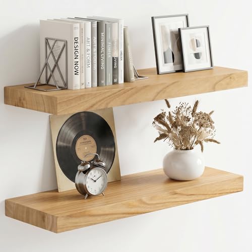 fuqing 20 Inch Floating Shelves 6.7'' Deep Natural Wood Shelves Set of 2 | 20'' x 6.7'' x 1.4'' Natural Wood Shelves for Bathroom Living Room, 35LBS, Lightweight, Hardware Included, Waterproof Finish - color: Natural, size: 20 Inch