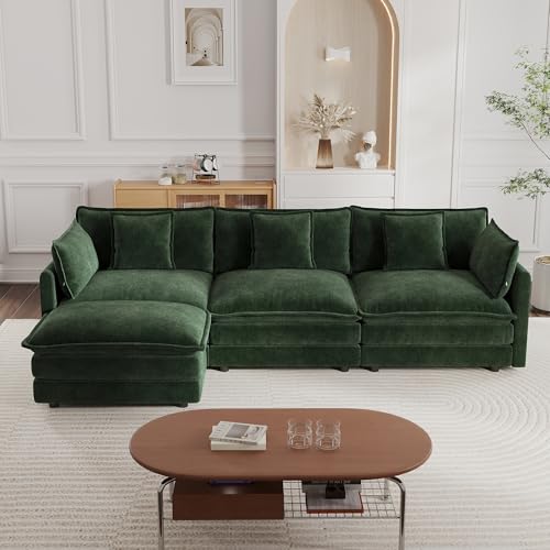 Modular Sectional Sofa, 111.5 Inch L Shaped Couch Set for Living Room, 3-Seater Comfy Cloud Couches with Movable Ottoman, DIY Combination, Chenille, Evergreen - color: Evergreen, size: 111.5 Inch- L