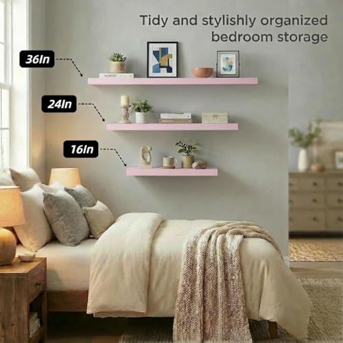 SAUMONIERES Floating Shelves Wall Shelf Solid Wood for Bathroom Bedroom Kitchen Set of 3, Pink Wall Shelves - color: Pink, size: 16 Inch-3 shelves