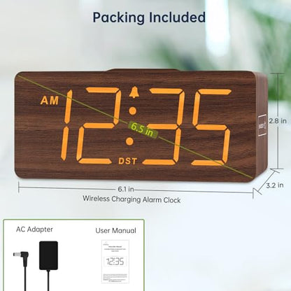 DreamSky Wooden Digital Alarm Clock with Wireless Charging for Bedroom | Bedside Nightstand Clock with Charger Station, USB Port, Large Numbers, Adjustable Volume, Brightness Dimmer, DST - color: Brown