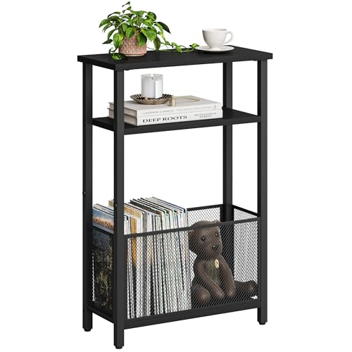 MMEOLUOOK Narrow Side Table with Storage Basket Skinny End Tables for Smalls Spaces 3 Tier Sofa Table Small Nightstand Slim Bedside Table for Living Room Bedroom Black MLBZ22B - color: Black