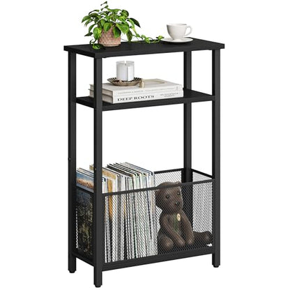 MMEOLUOOK Narrow Side Table with Storage Basket Skinny End Tables for Smalls Spaces 3 Tier Sofa Table Small Nightstand Slim Bedside Table for Living Room Bedroom Black MLBZ22B - color: Black