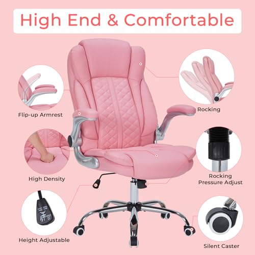 400lbs Executive Office Chair with Flip-Up Armrests, Big and Tall Computer Chair for Heavy People, Heavy Duty Ergonomic Comfy Chair, Breathable PU Leather (Pink) - color: Pink