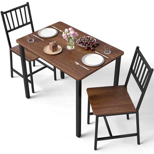 Small Space 3 Piece Dining Table Set for 2, Compact Kitchen Table Set with 2 Chairs & Adjustable Feet, Modern Breakfast Nook Furniture for Apartment, Dorm, or Home, Walnut - color: Walnut, size: 3-Piece