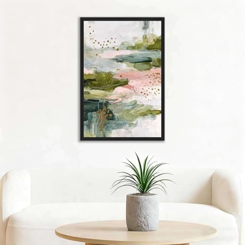 Framed Canvas Wall Art Abstract Green Pink Gold Art Print Modern Aesthetic Poster Paintings Pictures Wall Decor Trendy Artwork for Living Room Bedroom Office Apartment Decor (Framed,12W X16L) - size: 12W"X16L"
