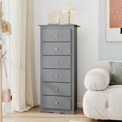 GIANTEX 6-Drawer Dresser for Bedroom, Wooden Chest of Drawers w/Metal Handles & Large Capacity, 16" D x 23" W x 53.5" H Clothes Organizer, Modern Tall Dresser for Bedroom, Entryway, Living Room - color: Grey