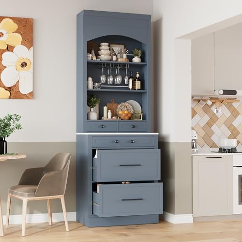 Modern 28.7x17.5x83.7 Inch Tall Kitchen Pantry Cabinet, Freestanding Hutch with Faux Marble Top, 5 Drawers & Adjustable Shelf, Glass Holders, Space-Saving Storage for Kitchen/Dining Room (1, Gray) - color: Grey