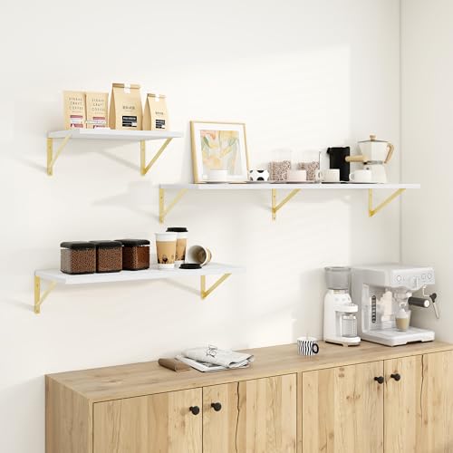 Dreamland Wall Mounted Floating Shelves Set of 2, 30x12, White&Gold | Engineered Wood, Visible Bracket, Large Storage, Hold Up to 55lbs, Living Room, Bathroom, Bedroom, Kitchen - color: White&gold, size: 30"W x 12"D