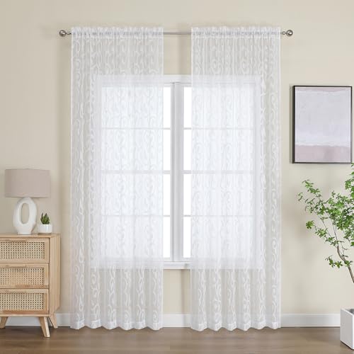 Furman Sheer White Curtains 90 inches Long for Bedroom Living Room 2 Panels Set, Light Filtering Soft Semi Sheer Jacquard Clip Farmhouse Curtains Rod Pocket Design, Each 52Wx90L inch - color: White, size: 52"W x 90"L (Pack of 2)