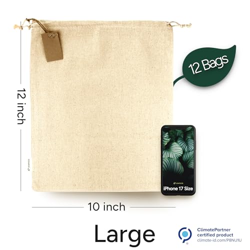 Multipurpose Eco Cloth Bags - Large 10x12 Inch (12 Pack) - Cotton Produce Storage Sacks - Muslin Drawstring Pouches for Vegetables - Bread Bags - Fabric Sachets - size: Large 10x12"