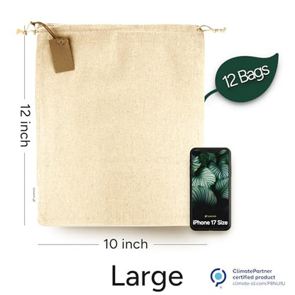 Multipurpose Eco Cloth Bags - Large 10x12 Inch (12 Pack) - Cotton Produce Storage Sacks - Muslin Drawstring Pouches for Vegetables - Bread Bags - Fabric Sachets - size: Large 10x12"