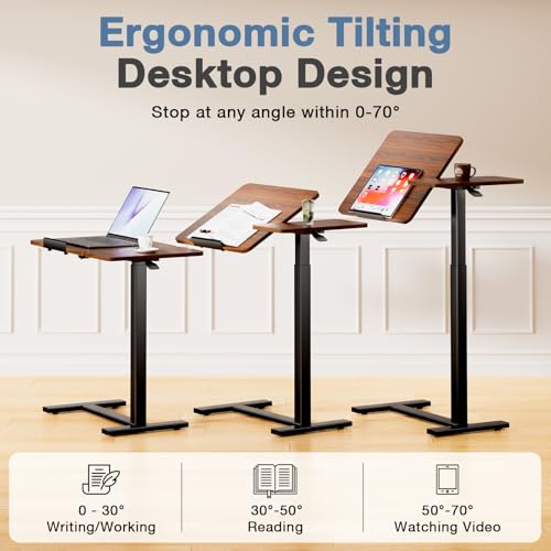 DUMOS Adjustable Bedside Overbed Table with Wheels, Brown | Laptop Standing Desk with Tilting Top Height, Mobile Rolling Computer Cart for Hospital Home Bedroom Use - color: Rust Brown, size: 27.5" x 15.7" x 43.3"
