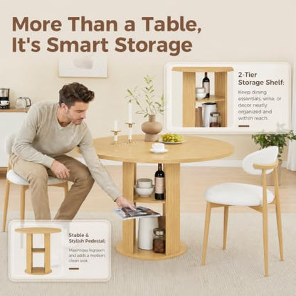 3-Piece Round Dining Table Set for 2-4, Walnut，47-Inch Farmhouse Kitchen Table with 2-Tier Storage Shelf and Two Beige upholstered Chairs for Apartments and Breakfast nooks (Natural) - color: Natural