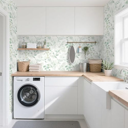 Safiyya Light Green Leaf Wallpaper Peel and Stick Wall Paper Modern Boho Contact Paper 78.7" x 17.3" Self Adhesive Removable Wallpaper for Bedroom Bathroom Vinyl Rolls - color: Green and White, size: 17.3" x 78.7"