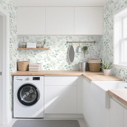 Safiyya Light Green Leaf Wallpaper Peel and Stick Wall Paper Modern Boho Contact Paper 197" x 17.3" Self Adhesive Removable Wallpaper for Bedroom Bathroom Vinyl Rolls - color: Green and White, size: 17.3" x 197"