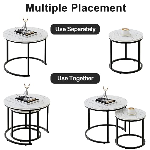 aboxoo Round Nesting Coffee Table Side Table Set of 2 End Tables for Living Room Bedroom Balcony, White Faux Marble Wooden Table Accent Coffee Table with Black Steel Frame - color: White Marble