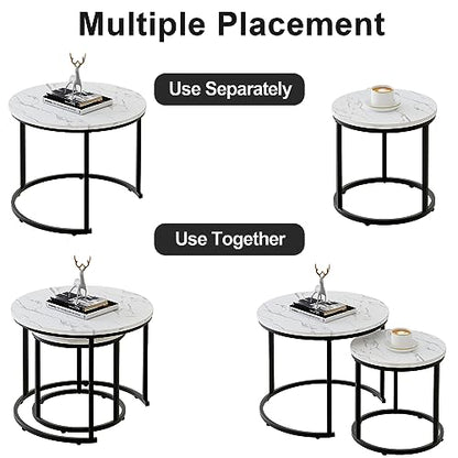 aboxoo Round Nesting Coffee Table Side Table Set of 2 End Tables for Living Room Bedroom Balcony, White Faux Marble Wooden Table Accent Coffee Table with Black Steel Frame - color: White Marble