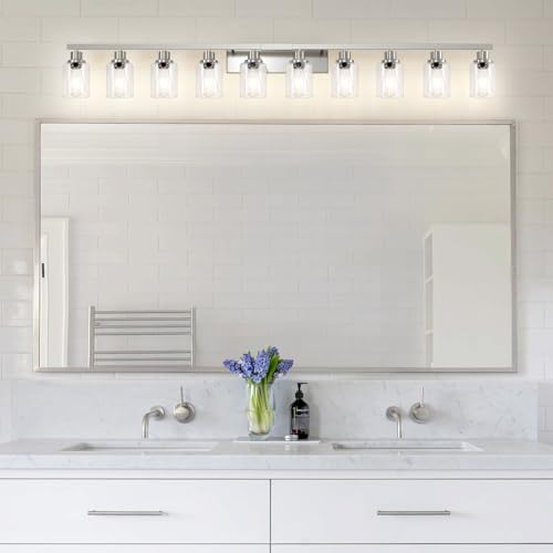 Brushed Nickel Bathroom Vanity Light,10-Light Vanity Lights with Clear Glass,64.5in Modern Bathroom Wall Lights Fixtures Over Mirror,Wall Sconces Lighting for Bedroom Living Room,E26 - color: Nickel, size: 10-light