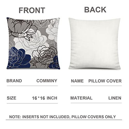 COMMINY Blue Grey Pillow Covers 16x16 Set of 6 Decorative Daisy Flower Throw Pillow Cover for Couch Modern Farmhouse Cushion Pillow Case for Living Room Patio Home Decor | spring floral, wild flower bloom, decorative cushion cover, Breathable Linen, Accen