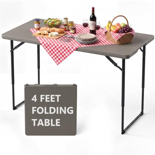 4 Foot Folding Table, Portable Fold-in-Half Utility Table [Adjustable Height with Carrying Handle][4FT Heavy Duty] for Party, Wedding, Picnic, Camping, Indoor & Outdoor Folding, Brown - color: Brown, size: 4ft