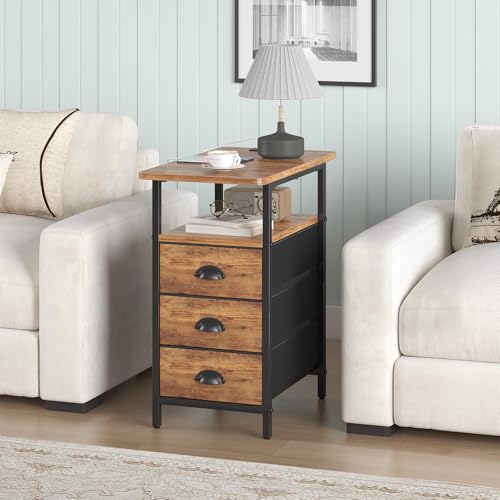 sthmec End Table with Charging Station, Side Tables Livingroom with USB Ports and Outlets,Narrow Nightstands Bedside Tables with 3 Drawers for Small Space,Slim Sofa Table Bedroom,Rustic Brown - color: Rustic Brown, size: 11.75'' W*21'' D* 24.3'' H, style:
