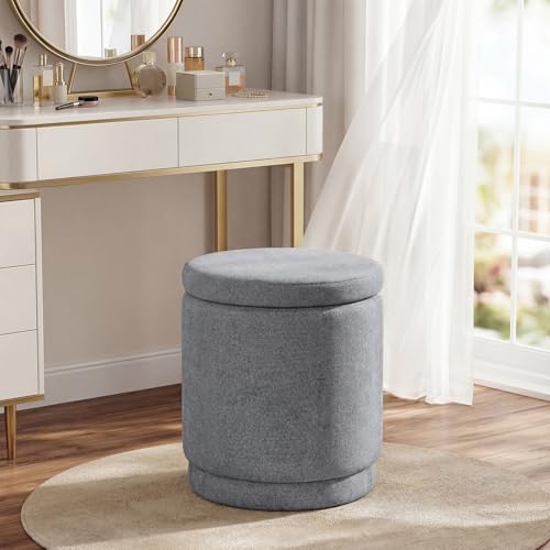 GIANTEX Round Ottoman with Storage, Chenille Fabric Vanity Stool with Removable Lid, Acacia Wood Frame, Ottoman Foot Rest for Living Room, Bedroom, Makeup Room No Assembly (Warm Light Gray)