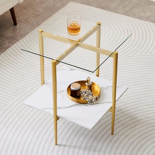 LumFurn Square Glass End Table, Mid-Century Modern Side Table for Living Room, L18xW18xH23inch, Clear Glass and White Marble MDF Wood, Gold Finish Frame - color: L18" Clear & White Marble