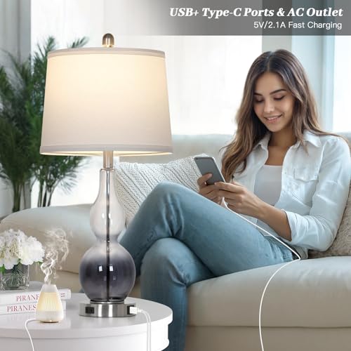 Rinweey 27.5" Gradual Gray Clear Glass Table Lamp Set of 2,3-Way Dimmable Touch Control Bedside Lamps with USB Ports and AC Outlet, Modern Nightstand Lamps for Bedroom Living Room - color: Gray