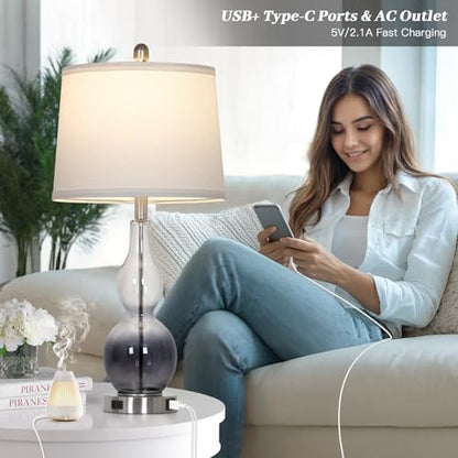 Rinweey 27.5" Gradual Gray Clear Glass Table Lamp Set of 2,3-Way Dimmable Touch Control Bedside Lamps with USB Ports and AC Outlet, Modern Nightstand Lamps for Bedroom Living Room - color: Gray