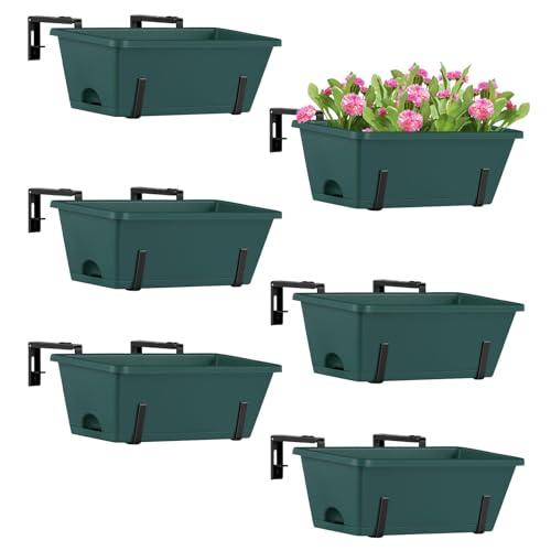 ETELI 6 Pack Deck Railing Planter Boxes Metal Hanging Window Boxes Planters | Green & Black, Indoor Outdoor, with Adjustable Hanging Brackets and Drainage Tray, for Patio Lawn - color: Green & Black