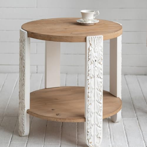 20" Round Side Table with Carved Leg, 2 Tier Storage Shelf | Farmhouse Solid Wood End Table for Living Room, Circle Coffee Table with Open Storage, Easy Assembly, Natural Brown Finish - color: A-20" Brown+white