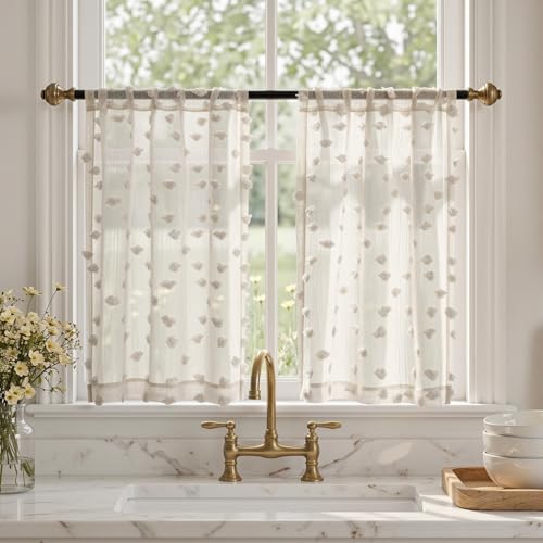 MYSKY HOME Beige Boho Sheer Curtains with Cream Pom Pom 36Wx45L,2 Panels | Light Filtering,Flowy Semi Sheer Drapes with Design for Bedroom Living Room,for Girls Nursery Kids Playroom Decor,Rod Pocket - color: 1-wood Beige, size: 36"W x 45"L (Pack of 2)