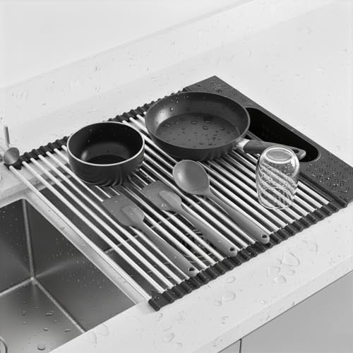 Roll Up Dish Drying Rack Over Sink, 17.5" x 15.2" Foldable SUS304 Stainless Steel Kitchen Dish Drainer, Heat-Resistant Multipurpose Rolling Sink Rack Organizer,Black - size: Black（17.5" X 15.2"）