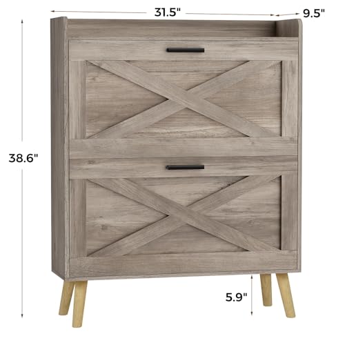Homleke Farmhouse Shoe Storage Cabinet with Flip Drawers & Barn Door Design | Slim Narrow Shoe Rack Cabinet with Adjustable Shelves & Hidden Storage for Entryway, Foyer, Hallway, Living Room, Greige - color: Greige