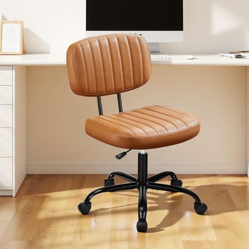 Swivel Rolling Office Chair, Armless Pu Leather Vanity Chair with Back Lumbar Support Height Adjustable Computer Chair, Small Desk Chair for Home Office, Brown - color: Brown