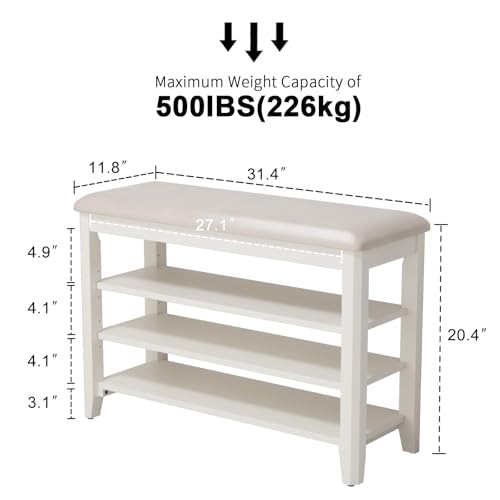 AQIMUELE Shoe Bench with Leather Cushion, 3 Tiers Shoe Storage Bench Height Adjustable, Walnut Wood Entryway Bench for Hallway, Mudroom - color: White, size: 31.5"