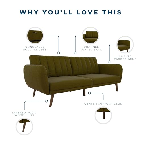 Novogratz Brittany 82 Inch Futon Sofa Bed in Faux Leather, Upholstered Couch Sleeper with Tufted Back, Mid-Century Modern Design, Green - color: Green