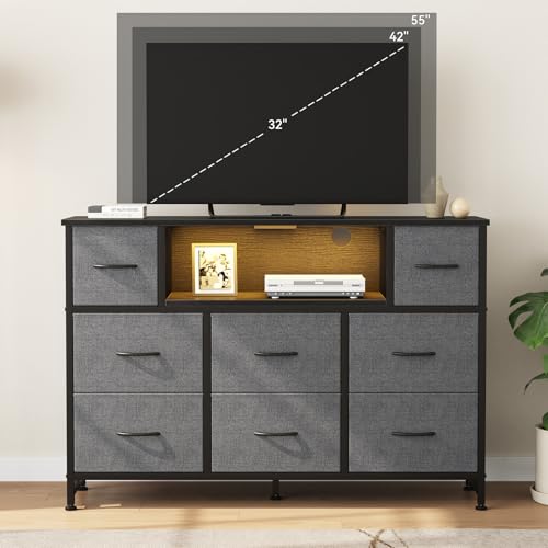 DUMOS LED TV Stand with 8 Fabric Drawers and Open Storage Shelf, Entertainment Center with Charging Station, Wood Top Media Console for 45-55 inch TVs, Bedroom, Gray - color: Grey, size: 11.8"D x 47.2"W x 31.5"H (8 Drawers)