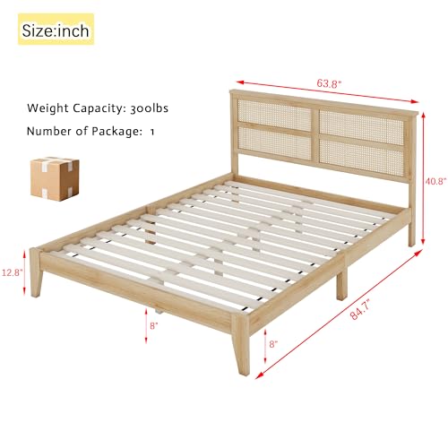 Queen Bed Frame with Rattan Headboard, Wood Rattan Queen Bed Frame with Enhanced Support Salts and Feet, Boho Platform Beds with Under Bed Storage, No Box Spring Needed,White Oak - color: White Oak, size: Queen