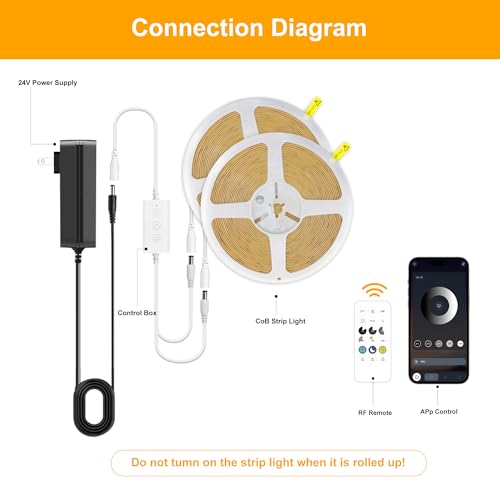 Pandery COB LED Strip Lights Warm White,24V Dimmable led Light Strip KIT with Remote and app Control,2700K 50FT/15m 8mm Wide Ra>90 Cuttable Flexible Strip Lights forBedroom,Wardrobe,Cabinet - color: 2700K Warm white, size: 50FT