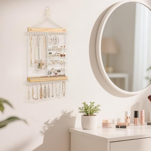 Mkono Hanging Wall Jewelry Organizer, Necklace Earring Holder Display Shelf | Boho Style, Wood Storage Rack, for Bracelets Rings Studs, Easy to Install, Large Capacity, Western Bedroom Decor,Gift Idea