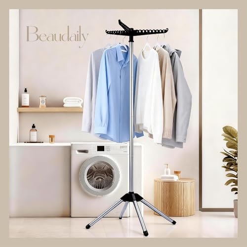 Beaudaily Clothes Drying Rack, Foldable Laundry Drying Rack, Indoor 59-Inch Drying Rack Clothing with 3 Rotatable Arms, Stainless Steel, Holds 27 Pieces, Space Saving, Portable, Black and Silver - color: Black + Silver, size: 1-Tier