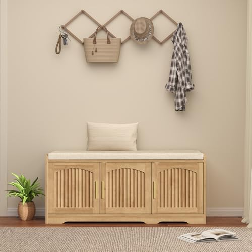 39.4" Shoe Storage Bench with Seating Cushion, Fluted 2-Tier Entryway Bench with 3 Doors & Adjustable Shelves, Shoe Cabinet Bench for Entryway, Hallway, Bedroom and Living Room - color: Natural