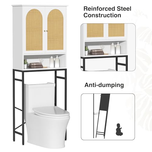 Befrases Rattan Over Toilet Storage Cabinet with Metal Stand | Bathroom Organizer with Adjustable Shelf, Tall Freestanding Washer Shelf, Small Cupboard, Space Saver, White - color: Rattan Door-white